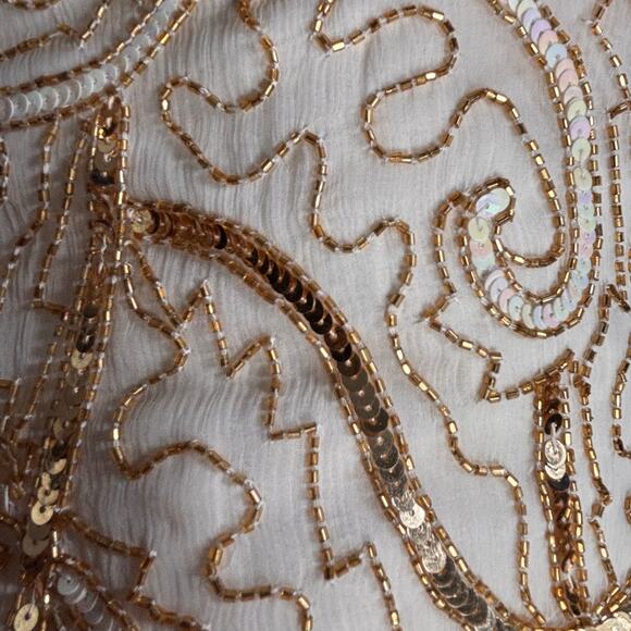 Vintage 90s Beaded Silk Top Metallic Sequin Gold White Evening Blouse Plus Size - Picture 10 of 13